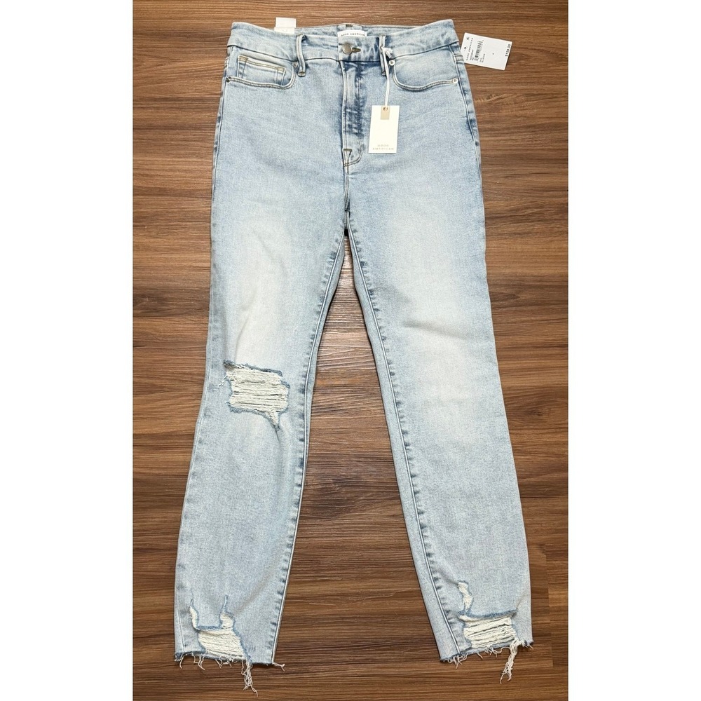 Good American Good Classic High Rise Straight Distressed Jeans Light Wash Sz 6/